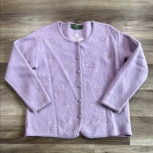 Vtg Equorian Heritage Cardigan 100% New Wool Woolmark Size Medium 14/16 Lavendar
